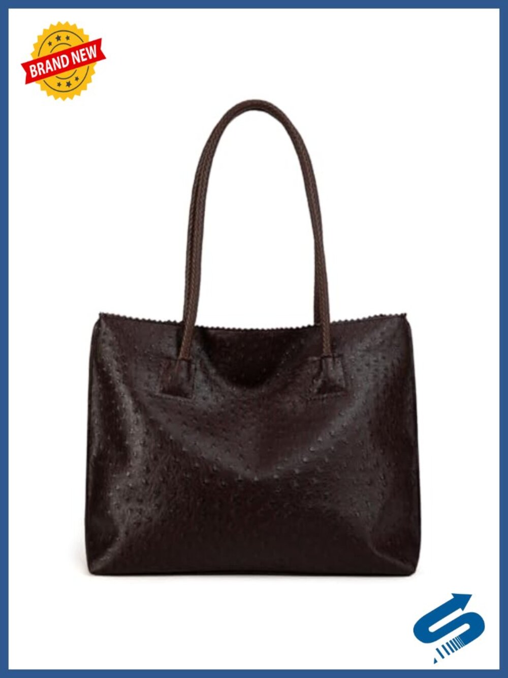 Large Ostrich Vegan Leather Tote Bag with Zipper Shoulder Purse